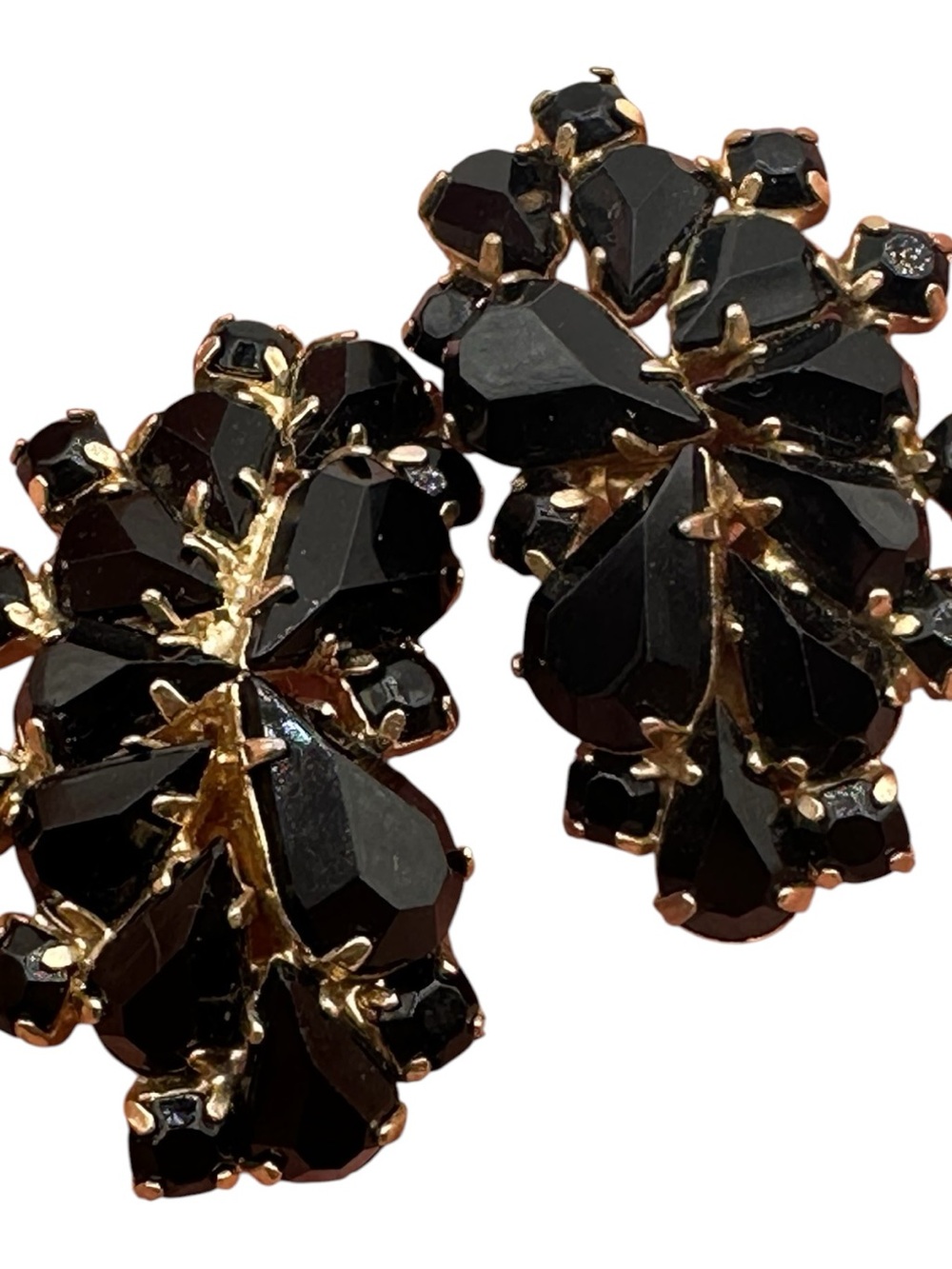 Vtg Mid Century Black Glass Marquis Rhinestone Statement Clip Earrings